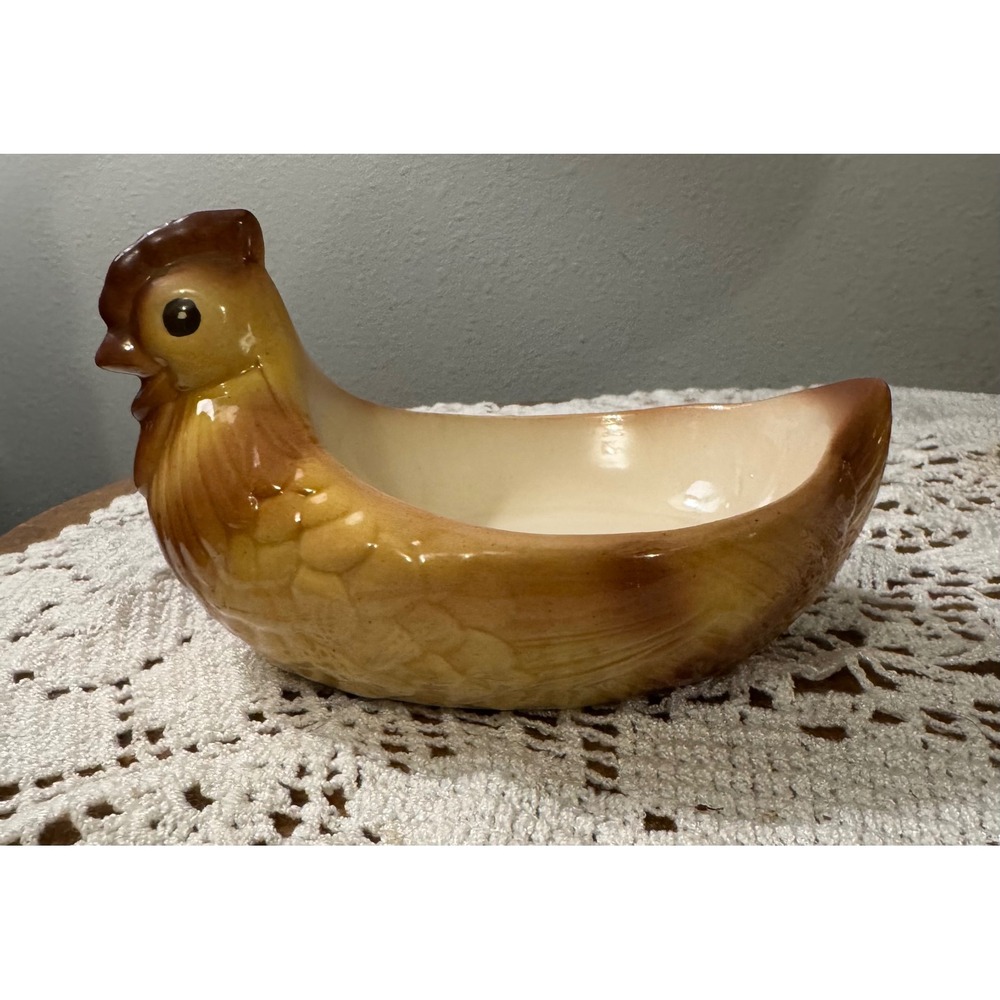 Vintage Ceramic Chicken Hen Planter Candy Dish Brown Tan Farmhouse Decor 6.5in